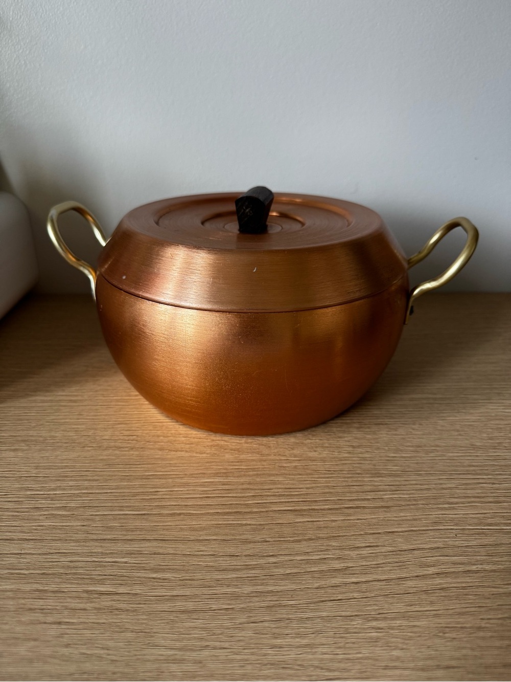 Copper-Tone Covered Serving Pot with Brass Handles